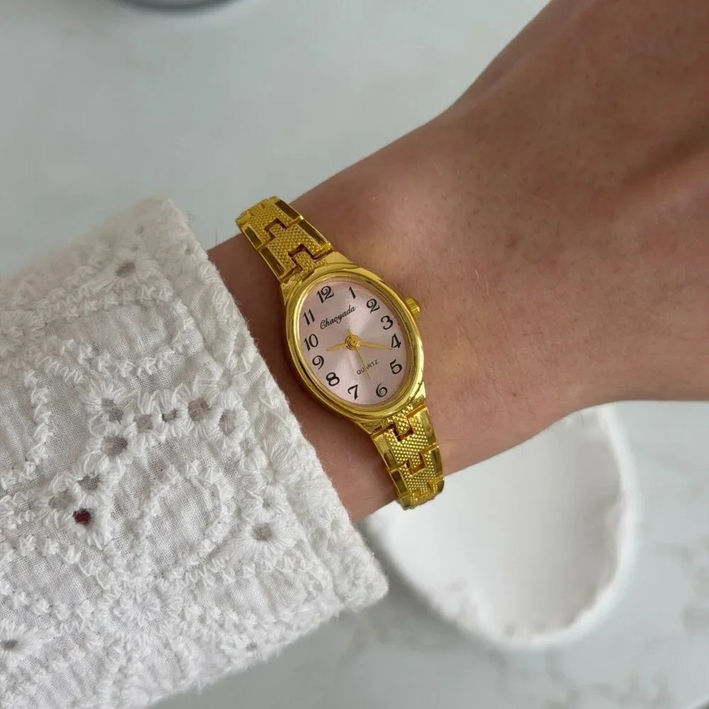 SKU0506 Retro Gold/Pink Women Oval Watch Vintage vibe Stainless steel + gift bag